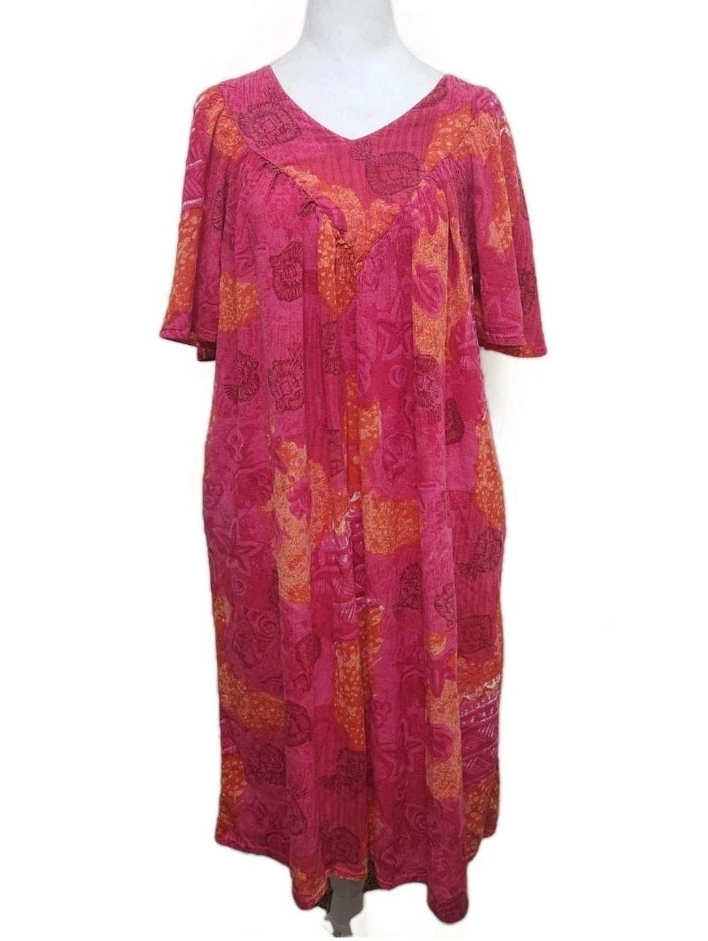 Vtg Mrs. Roper Muumuu Caftan Dress Neon Pink & Orange Tropical Lounger Boho M/L